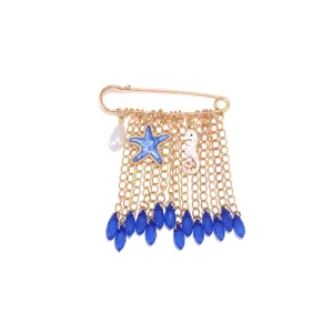 Exquisite ocean style safety pin brooch with multi-layer chains, starfish and blue teardrop crystals.