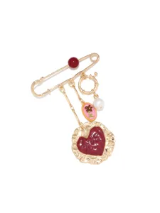 Vintage gold-tone safety pin brooch with dark red enamel heart, pearl, and floral charms.