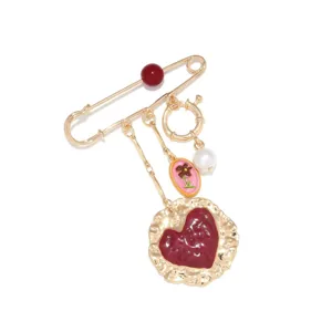 European vintage burgundy heart safety pin brooch with pearl flower multi pendant charms.