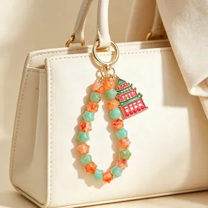 Chinese Style Ancient Building Alloy Drip Oil Pendant Star Bead Keychain Bag Ornament Accessory For Women Gift KZ260813-1158