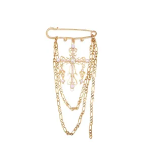 Broche cruz perla vintage oro con cadenas multicapa, elegante imperdible hueco para mujeres