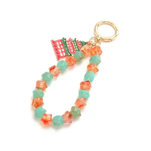 Chinese style ancient architecture alloy star beaded keychain stylish bag charm accessory.