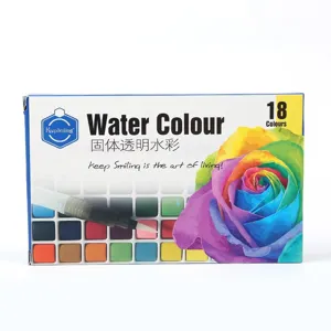 Detailed view of the 18-color solid watercolor paint set with brush and vibrant rose box design.