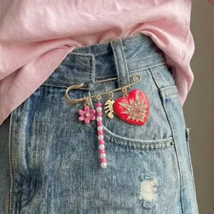 Retro fashion large safety pin brooch with pink heart and beaded tassel charms for women