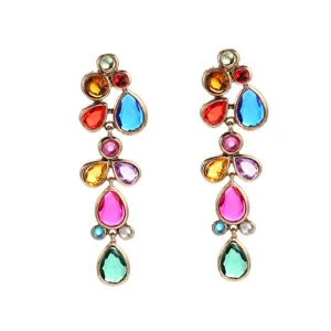 Vintage multi-layer teardrop crystal dangling earrings, statement gold alloy rhinestone jewelry.