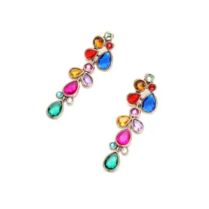 Vintage multi-color rhinestone drop earrings, long alloy statement jewelry for women details.