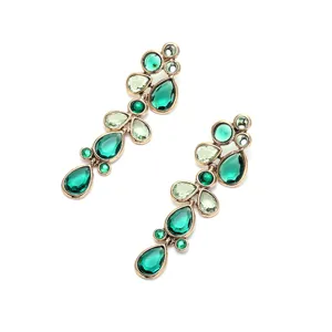 Vintage green crystal drop earrings for women, antique gold tone multi stone long dangle earrings.
