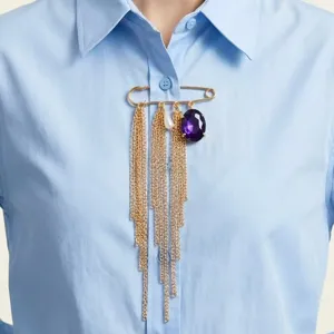 Broche de Borla de Aleación de Oro Vintage con Diamantes de Imitación Púrpura y Perla Artificial Cadena Larga Broche de Seguridad Multicapa Joyería para Mujer Regalo
