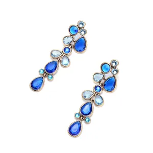 Vintage blue rhinestone drop earrings, European style alloy crystal long earrings for women.