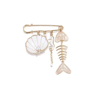 Vintage multi-pendant safety pin brooch with pearl shell and fishbone charms for women.
