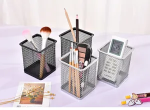 Metal mesh pen holder, square multifunctional desktop organizer storage box for office stationery.