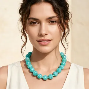 Collier de Perles Fait Main en Résine Rétro Occidental Vert Menthe Bleu Lac Texture de Nuage Grandes Perles Rondes Style Resort Colliers pour Femmes Bijoux