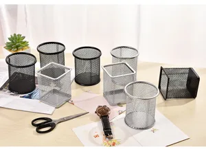 Metal mesh pen holder detail view, multi-shape desktop storage organizer for office supplies.