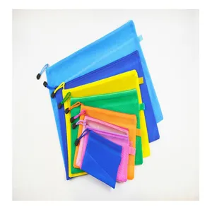 Colorful zipper mesh document bags in various sizes, detailed view for office file storage.