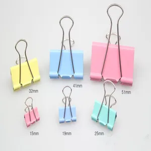 Detailed view of colorful metal binder clips in multiple sizes for office organization and filing.