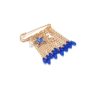 Ocean style blue starfish white seahorse tassel brooch long metal chain drop pin jewelry