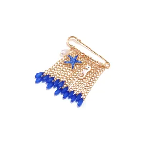 Ocean style blue starfish white seahorse tassel brooch, long metal chain safety pin.