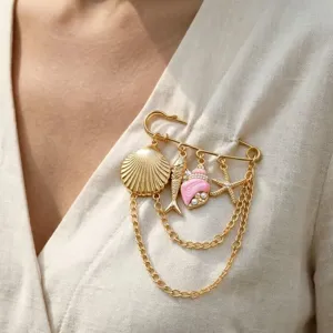 Strandvakantiestijl Zeeschelp Zeester Vis Hanger Meerlaagse Metalen Ketting Kwastje Veiligheidsspeld Broche Zinklegering Broches Voor Vrouwen