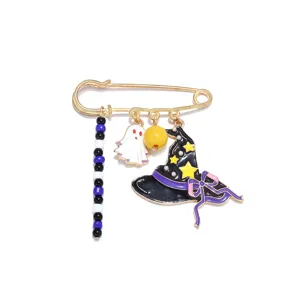 Halloween ghost witch hat brooch detail, purple black bead safety pin charm jewelry.