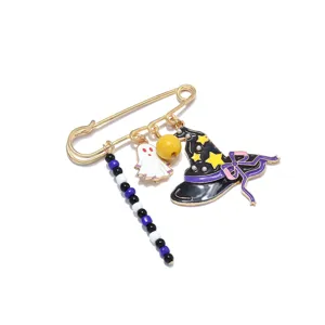 Halloween ghost witch hat brooch pin, cute enamel safety pin badge with bead charms for festival outfit.