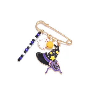 Halloween ghost witch hat brooch pin with colorful beads drop oil fashion jewelry accessory