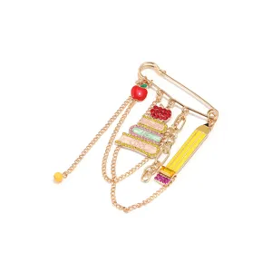 Cute school style safety pin brooch with books apple and chains for student fashion wear