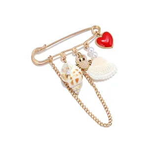 Summer beach vacation brooch gold safety pin with shell pearl crab and red heart charms