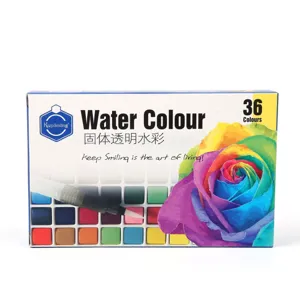 Detailed close-up of 36 colors solid watercolor paint set box with water brush for art.