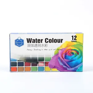 Detail view of the 12 colors solid watercolor paint set with brush and exquisite rose box.