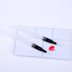 Water brush pens set detail shot showing two transparent refillable watercolor pens on a white palette.
