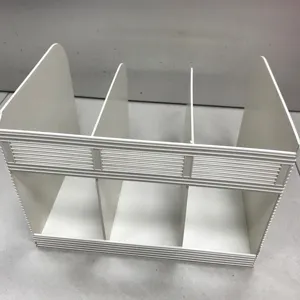 White plastic 3-tier desktop organizer book stand detail view for office storage and neat desk.