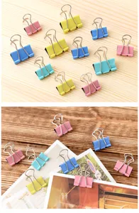 Colorful metal binder clips for office and school use, durable paper clamps in assorted sizes.