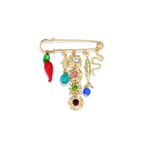 Bohemian multi-charm safety pin brooch featuring cute fish, red chili and sparkling rhinestones.