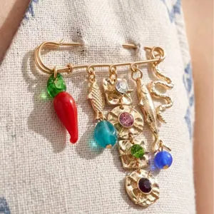 Bohemian Zinc Alloy Rhinestone Chili Fish Brooch Pin Multi functional Safety Pin Waist Adjuster For Women Jewelry