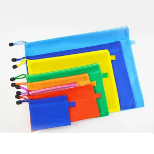 Colorful mesh zipper document bags set, clear waterproof file folders for office and school.