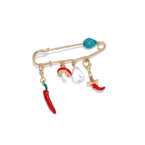 INS Style Cute Enamel Chili Mushroom Faux Pearl Safety Pin Brooch Fashion Jewelry