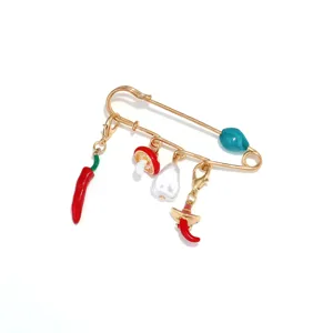 INS style enamel chili mushroom faux pearl gold safety pin brooch charming accessory