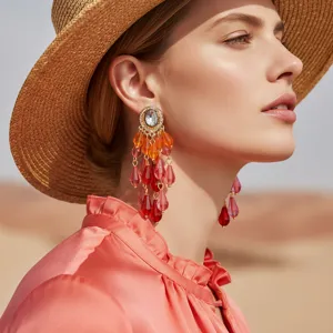 Luxury Acrylic Tassel Drop Earrings For Women Fashion Rhinestone Inlaid Teardrop Long Dangle Earrings Party Banquet Jewelry Gift