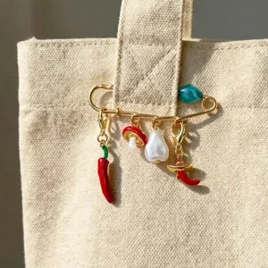 Ins Style Enamel Chili Mushroom Artificial Pearl Brooch For Women Cute Safety Pin Brooch Zinc Alloy Fixed Jewelry Accessory