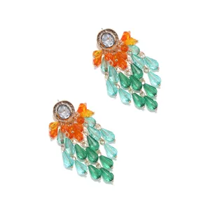Stunning long crystal drop earrings with vibrant orange and green beads for party and fashion.