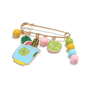 Jolie broche tasse de boisson en émail citron vert épingle de sûreté et perles colorées