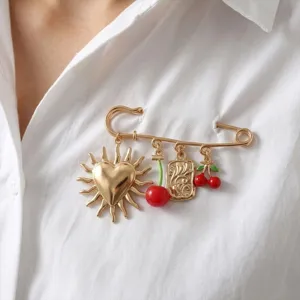 Alloy Drip Oil Cherry Heart Safety Pin Brooch For Women Ins Style Sweet Fruit Pendant Brooch Beach Vacation Fashion Jewelry