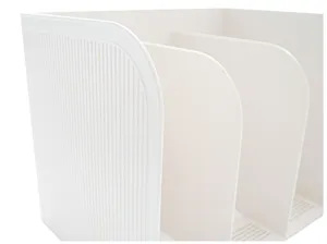 White plastic book organizer file sorter desktop storage divider rack detail view.