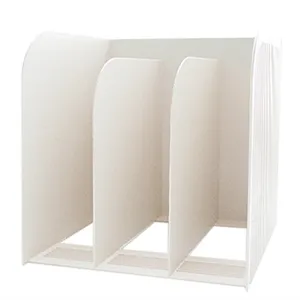 White plastic 3-slot desktop file organizer detail view, sturdy book divider storage rack.