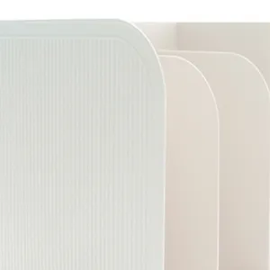 White desktop multi-slot file organizer detail view, sturdy plastic vertical divider stand.