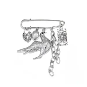 Zilveren punk vogel veiligheidsspeld broche met hangers ketting strass dames mode.