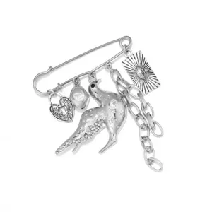 Punk stijl zilverkleurige duif hanger broche met veiligheidsspeld en ketting voor dames.