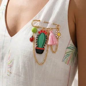 Mode Geschilderde Legering Cactus Kever Bloem Veiligheidsspeld Brosche Met Kwastje Zoete Meisje Sieraden
