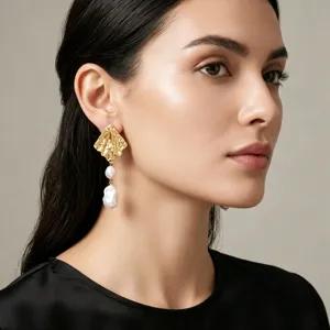 Pendientes de Forma de Rombo de Aleación Texturizada Vintage Estilo Diseñador Pendientes de Colgante Perla Artificial Barroca Mujer Oro