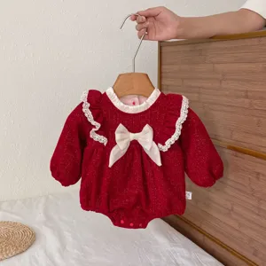 Adorable baby girl red fleece romper with white lace trim and cute bow for winter warmth.
